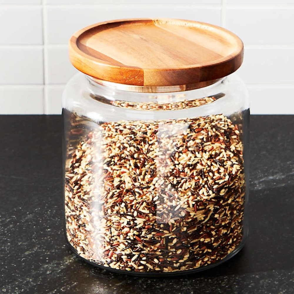 NEW Crate & Barrel 96 oz Large Glass Montana Jar w/Acadia Wood Lid